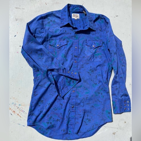 Men's Ely Cattleman Western Shirt Blue Art 15 1/2 Ranch Cotton Cowboy Rodeo Work - Picture 5 of 12